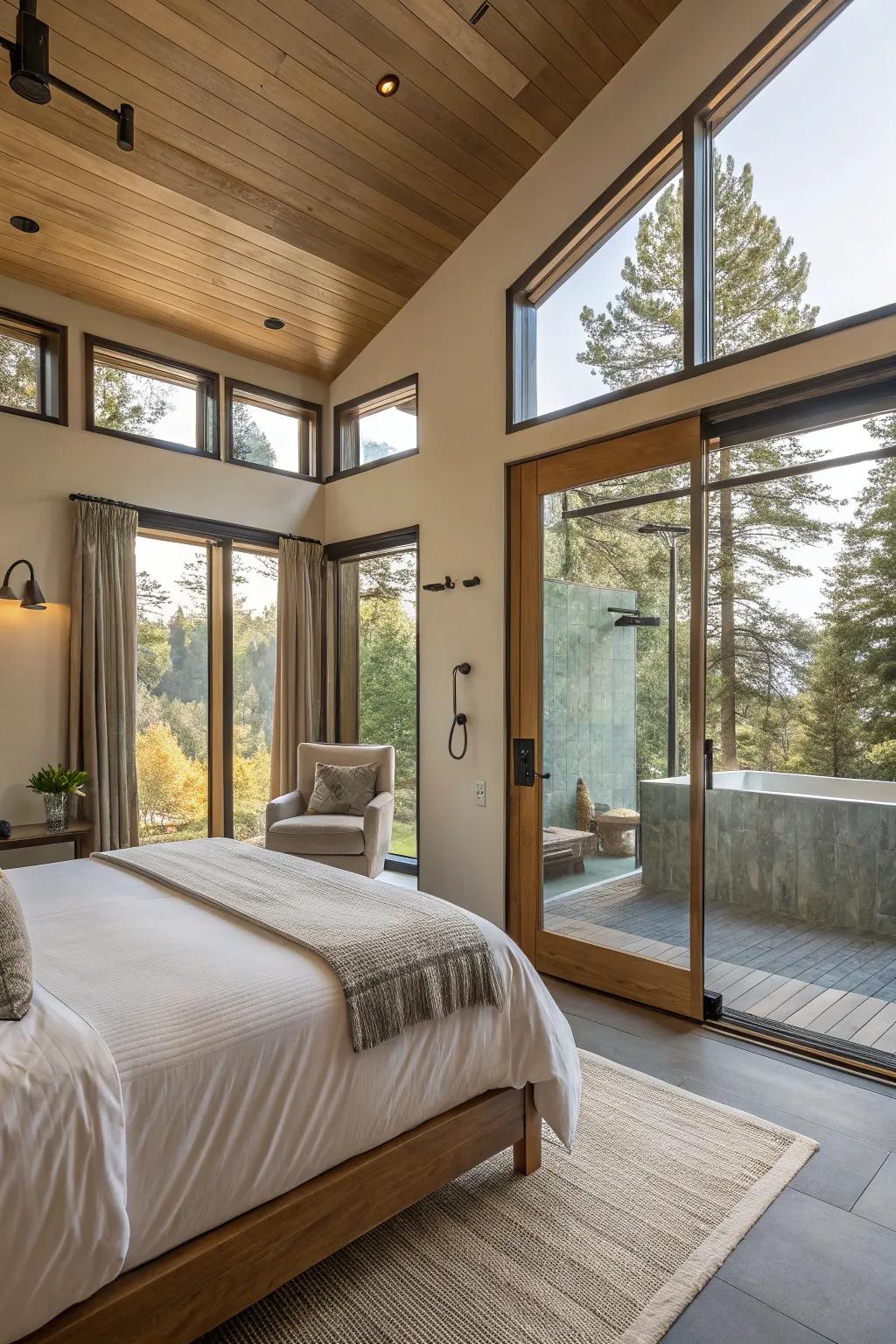 Natural radiance intensifies the openness of the bedroom shower.