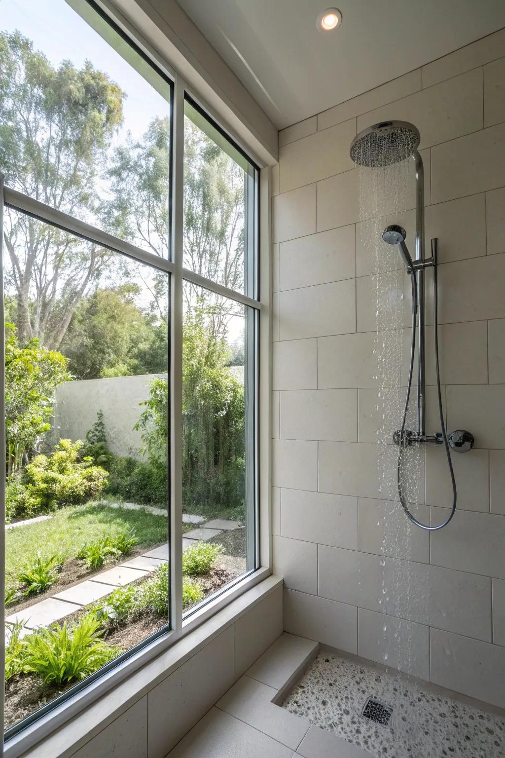 A sunlit and airy shower stall featuring a sizable window for natural light.