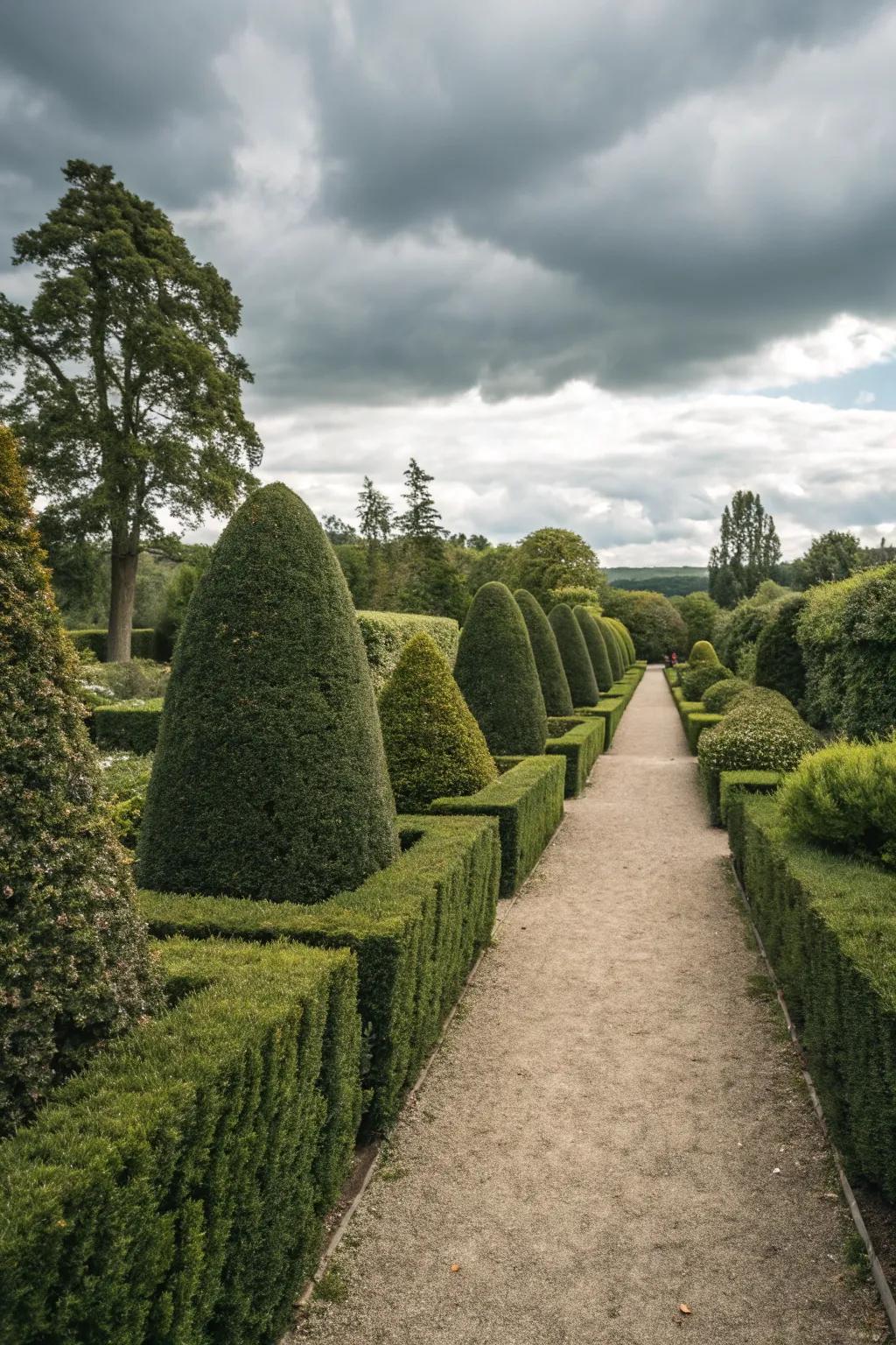Precisely sculpted formal plants impart structure and sophistication to the garden.