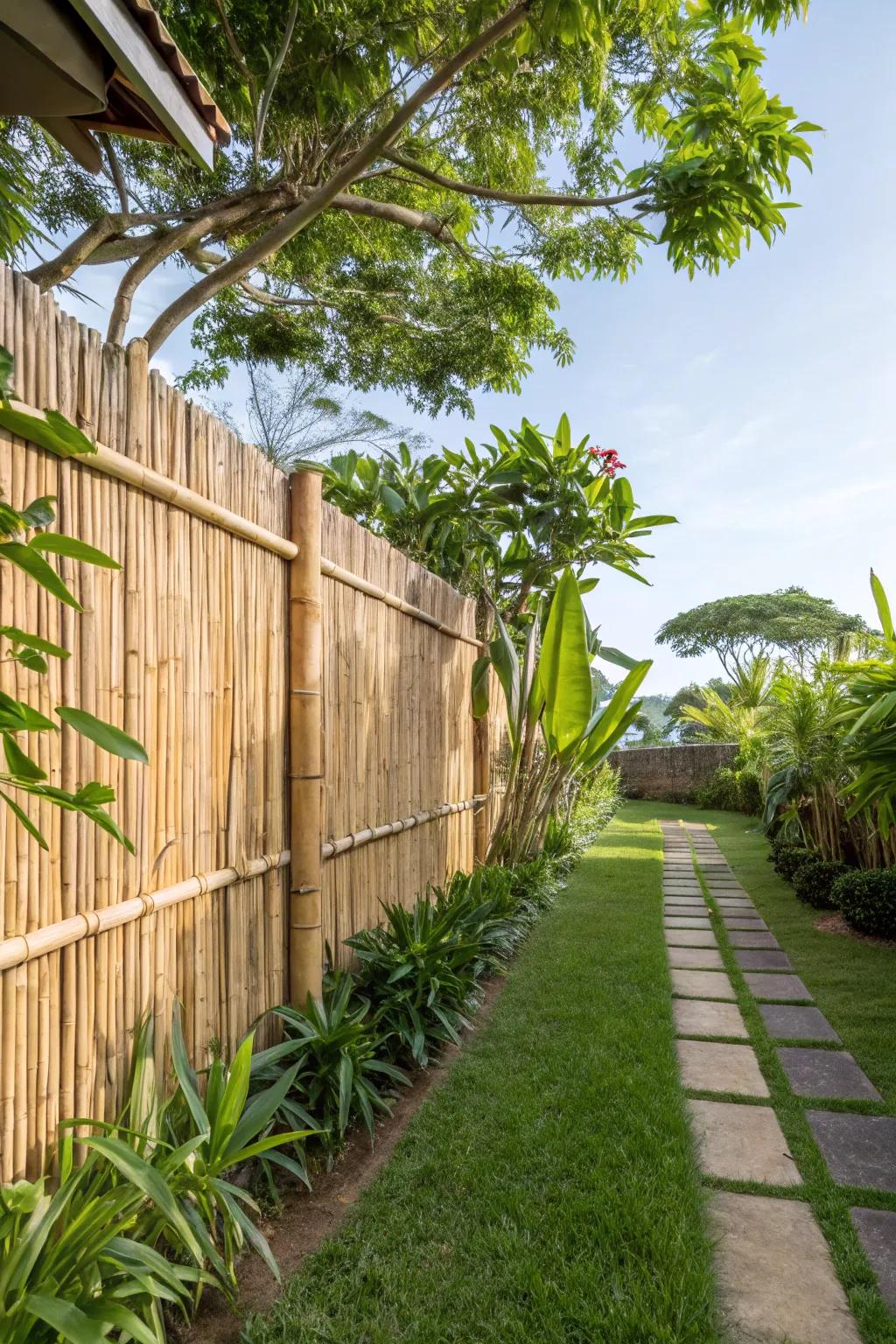 Exotic side yard featuring a bamboo fence.