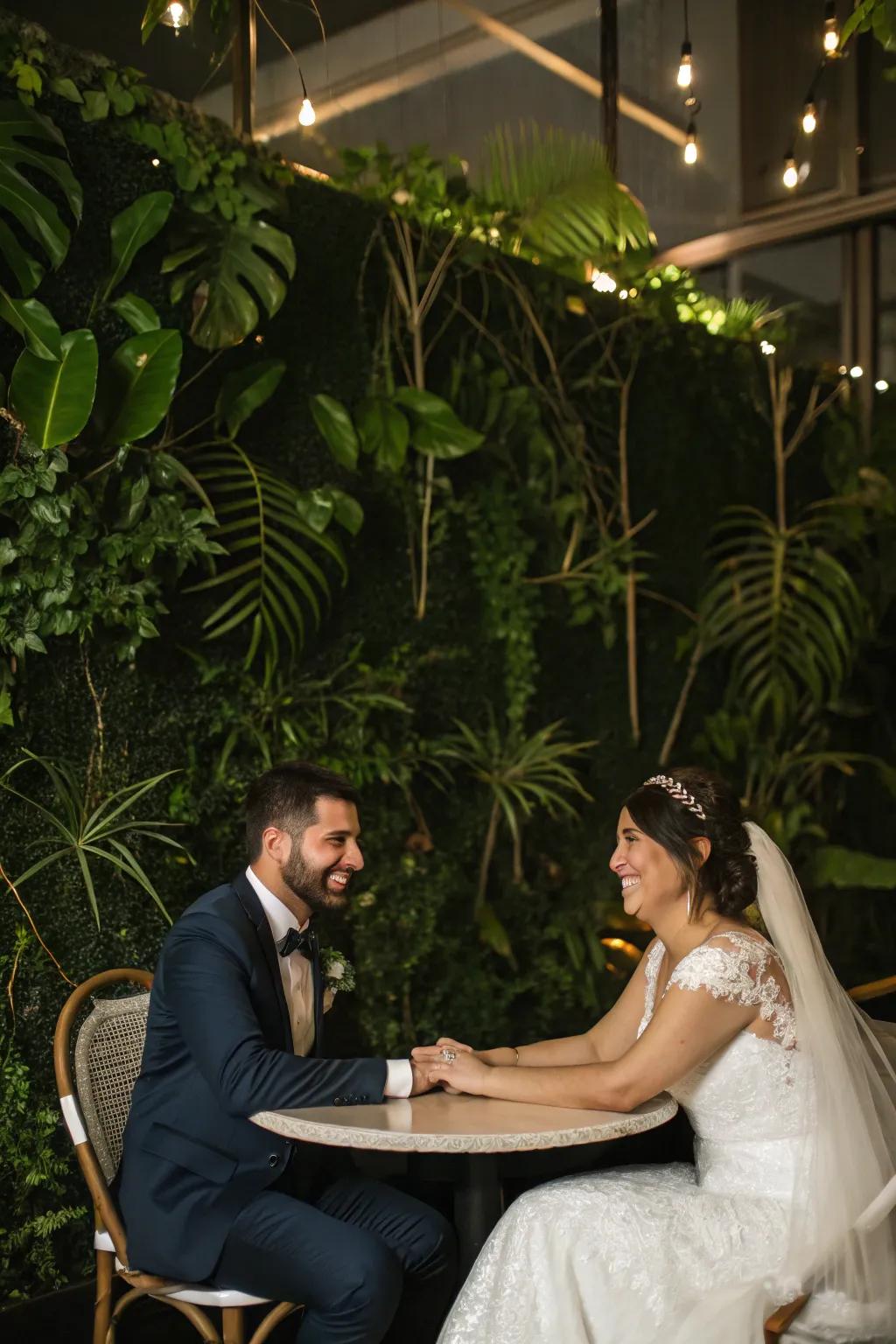 A bride and groom table positioned against a vibrant greenery backdrop.