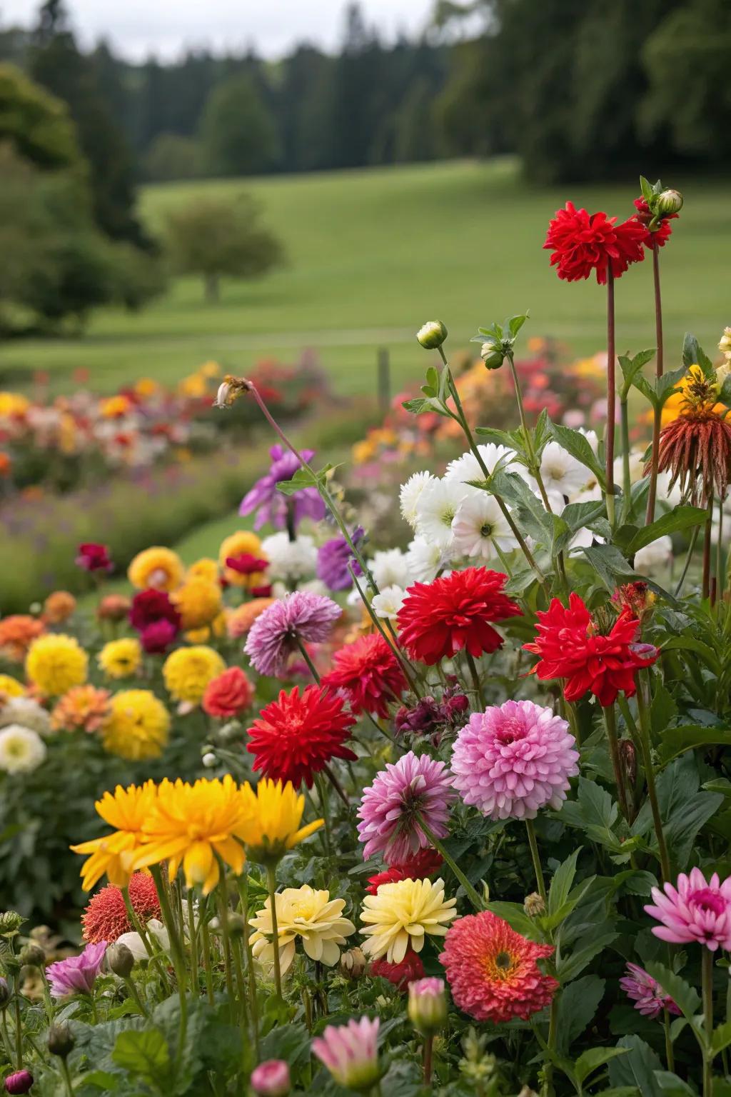 A dazzling collection of vibrant flowers transforms this garden bed into a cheerful spectacle.