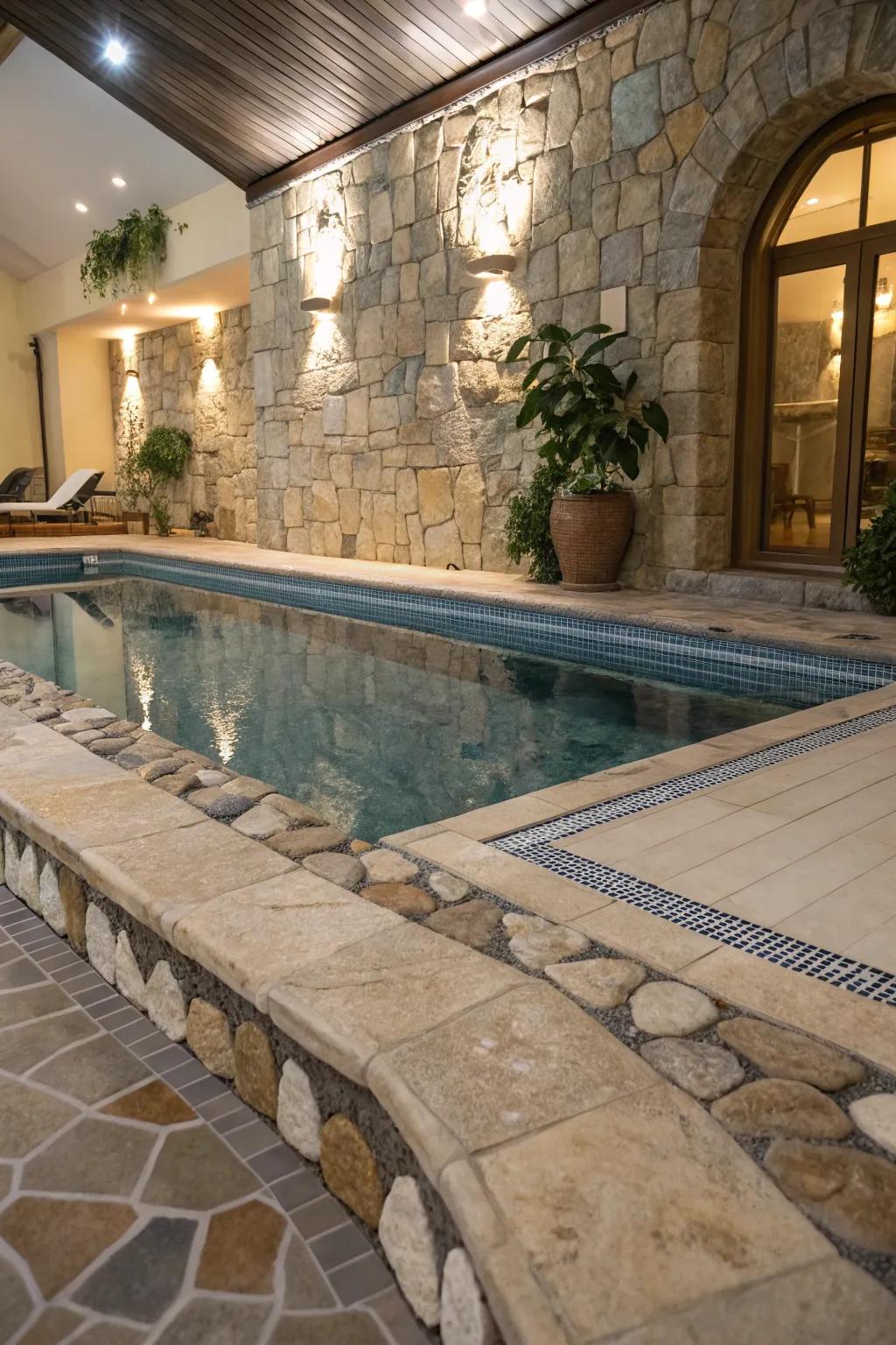 Stone and tiling highlights adding polish to the poolside zone.