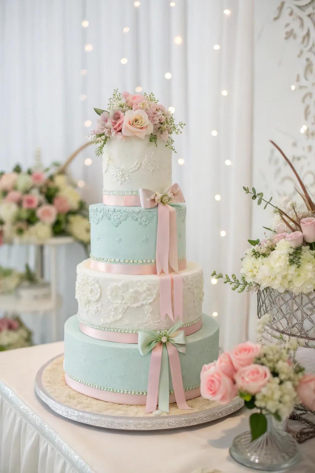 Refined neutrality achieved with a pastel-hued cake.