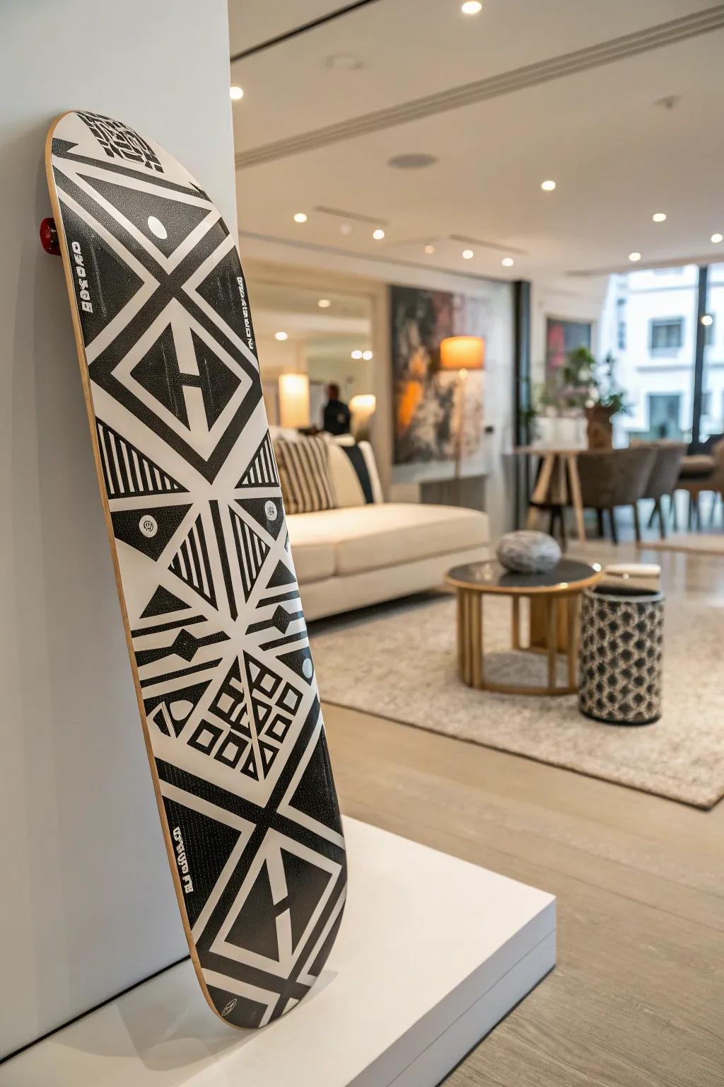 Attain durable elegance through monochrome skateboard art.