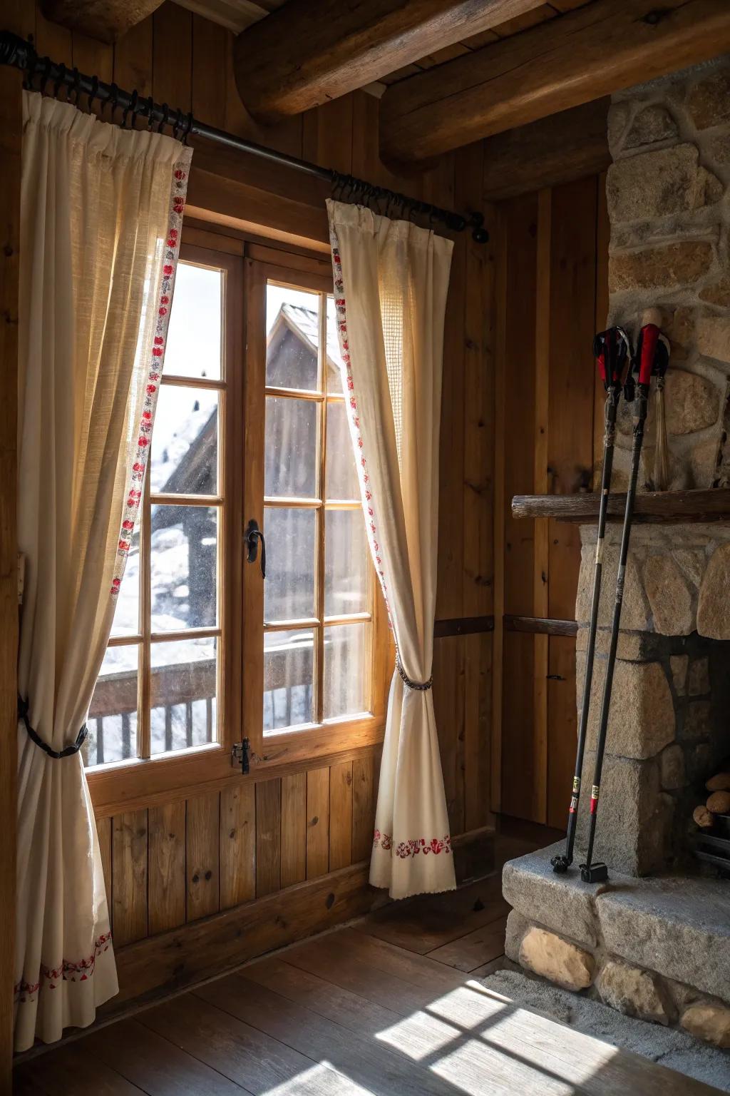 Utilize ski poles as curtain supports for a charming, unexpected element.