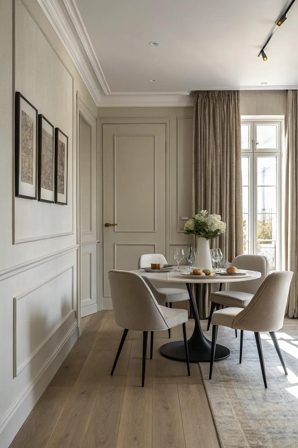 Elegant skirting boards create a streamlined, modern dining space.