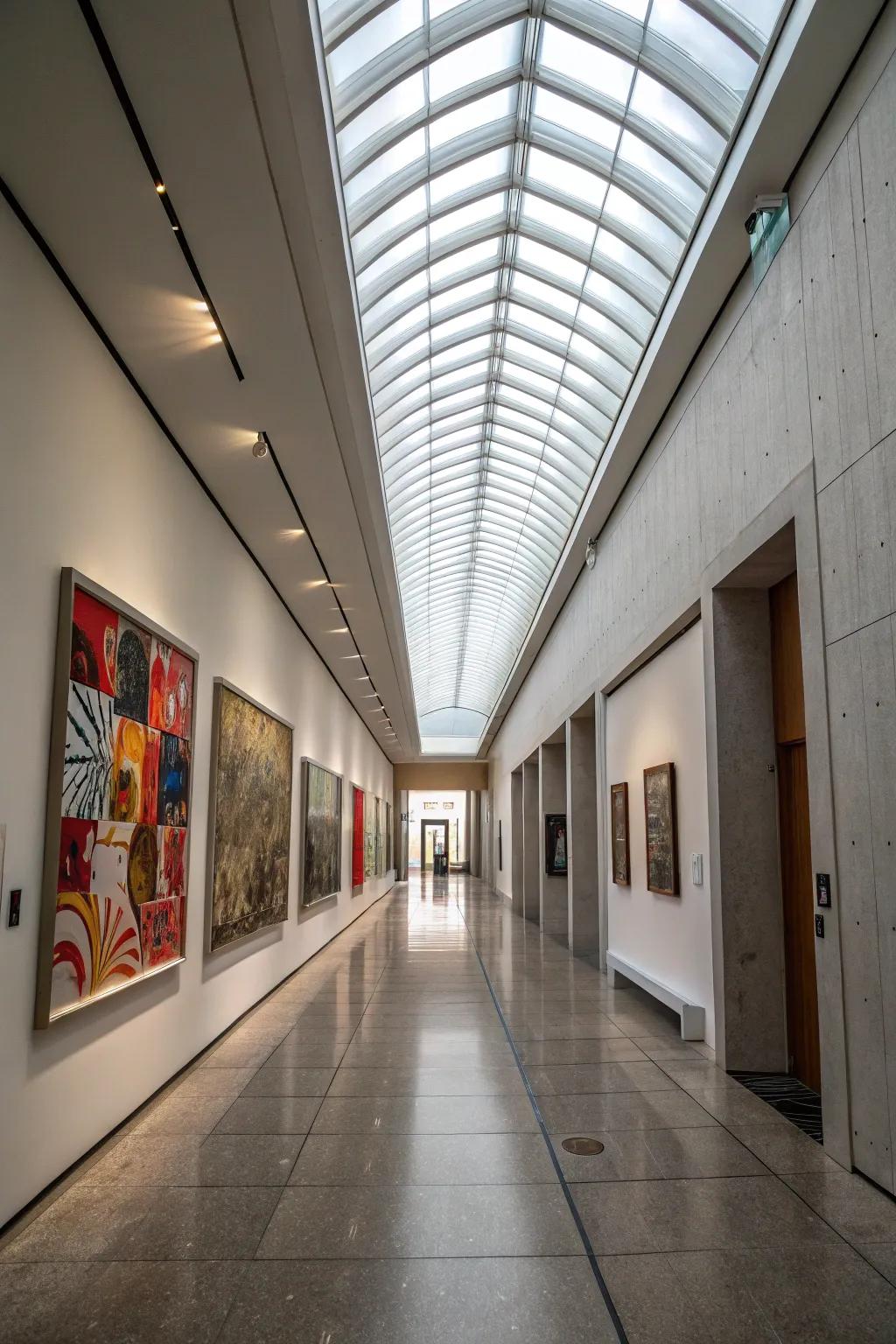 A radiant hallway transformed via a ceiling-length skylight.