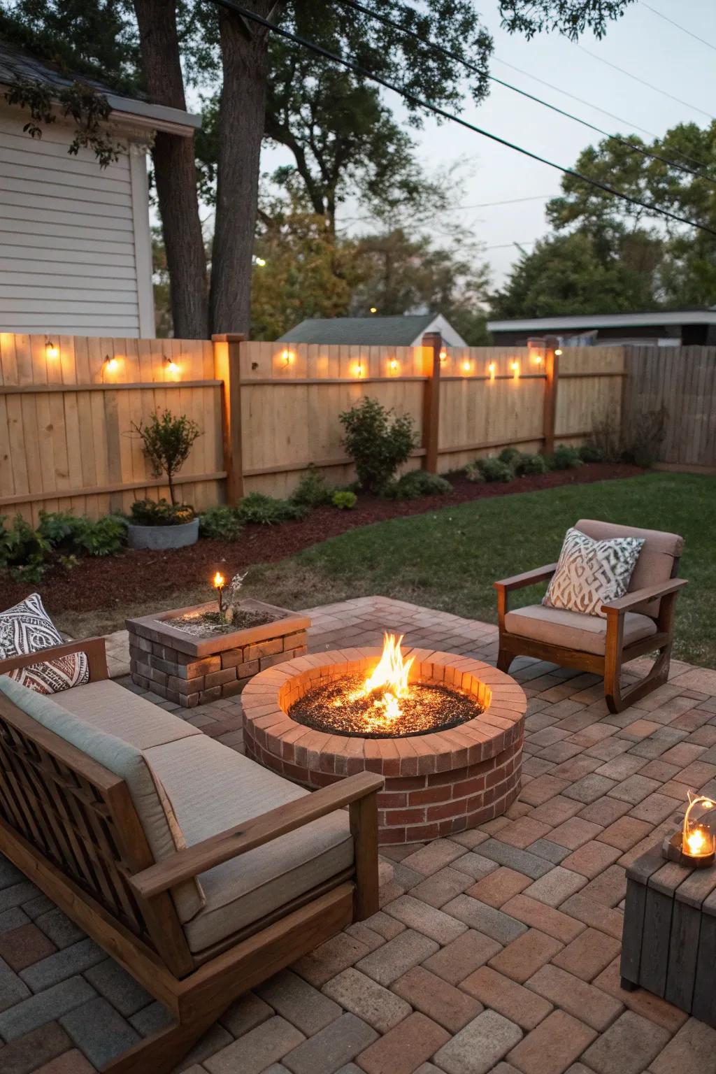 A blazing pit crafts a cozy and welcoming setting for gatherings.