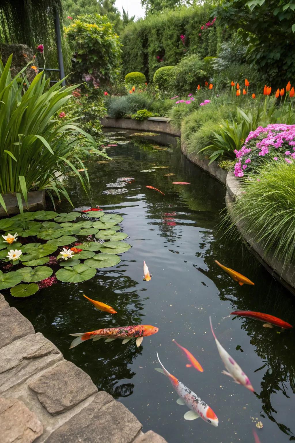 Decorative fish introduce vibrant life to a compact backyard pond.