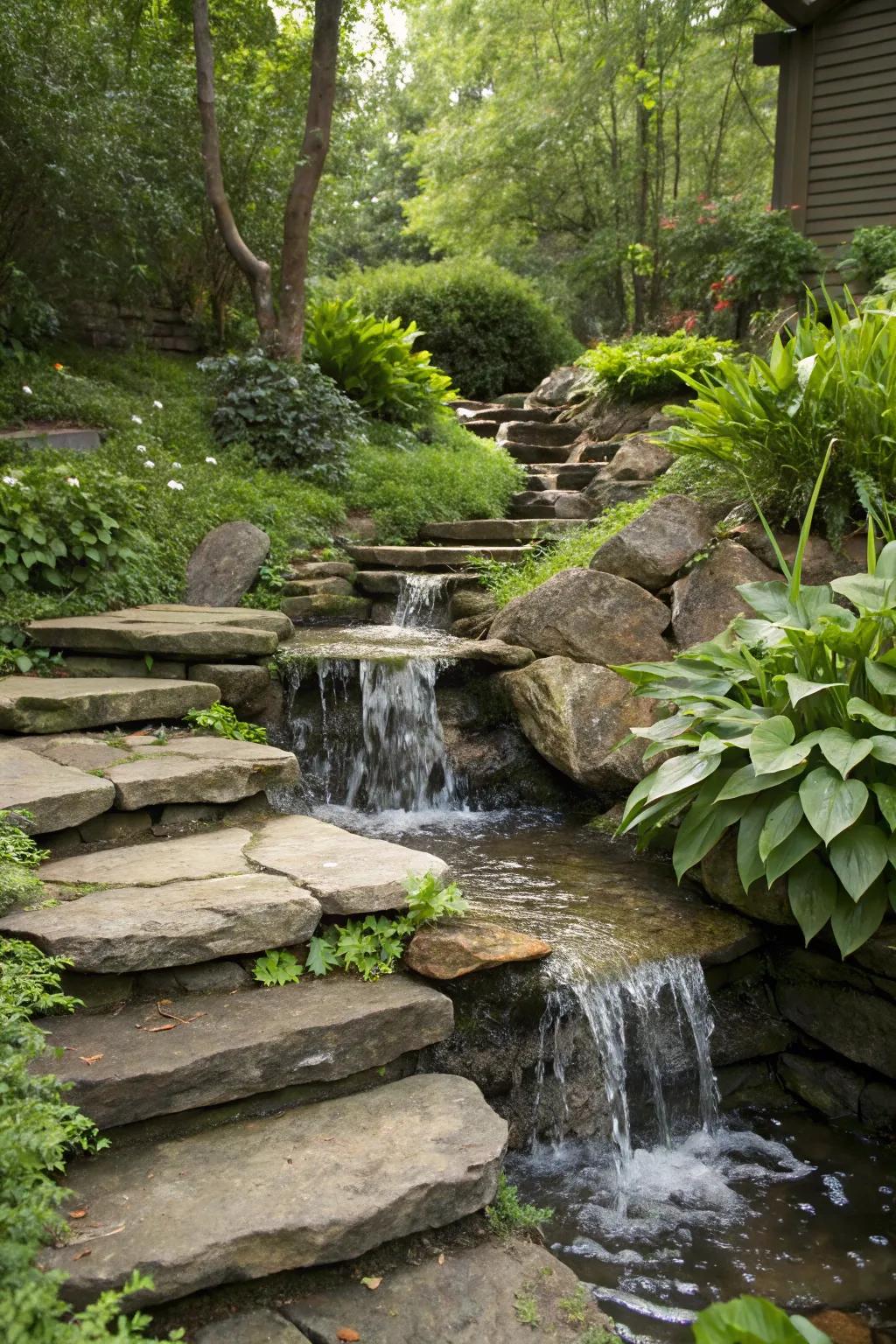 A stepped stone waterfall presents a straightforward yet elegant aquatic element.