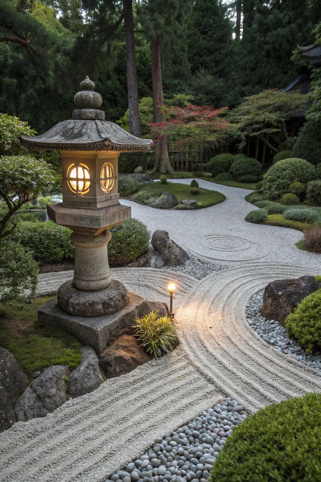 A zen garden displays a traditional stone lantern encompassed by gravel and flora.