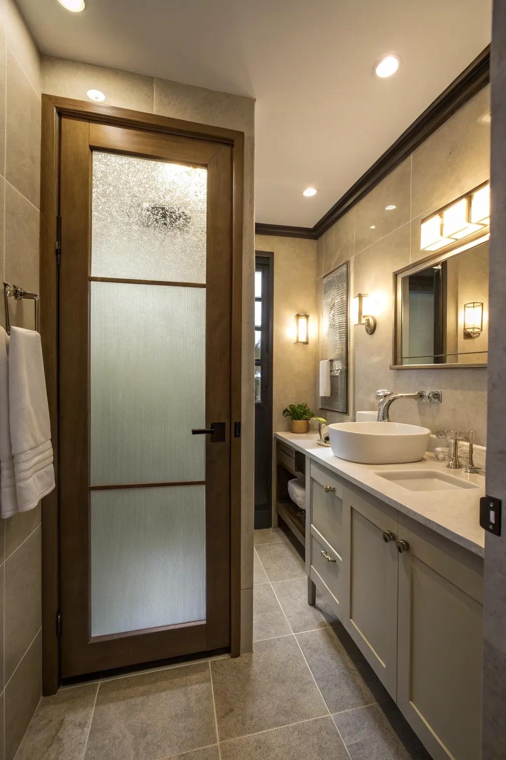 Obscured glass doors skillfully reconcile privacy and light infiltration.