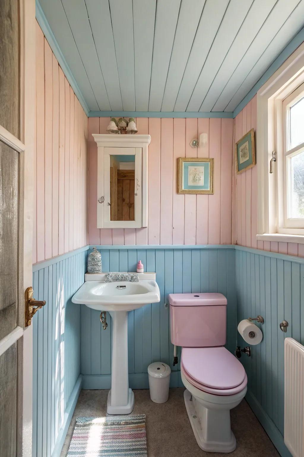 Beadboard paneling graces a small bathroom, exuding pastoral appeal and vitality.