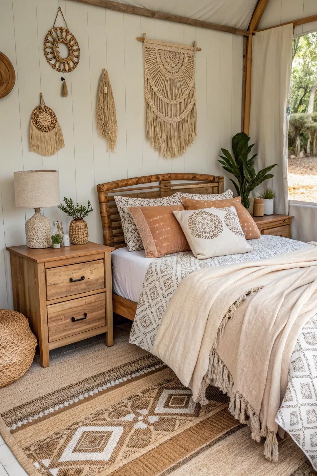 Wood furniture anchors the space with warmth and sophistication