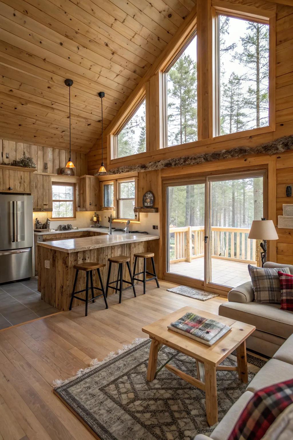 An open architectural layout within a compact cabin, ideally merging cooking and living spaces.