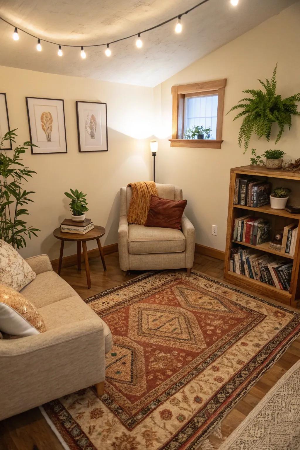 Floor coverings impart warmth and define areas within a study.