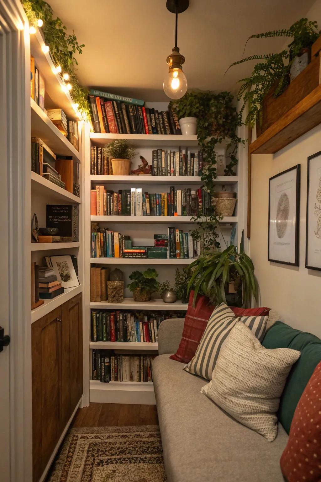 Integrated shelves optimize storage in a compact den.