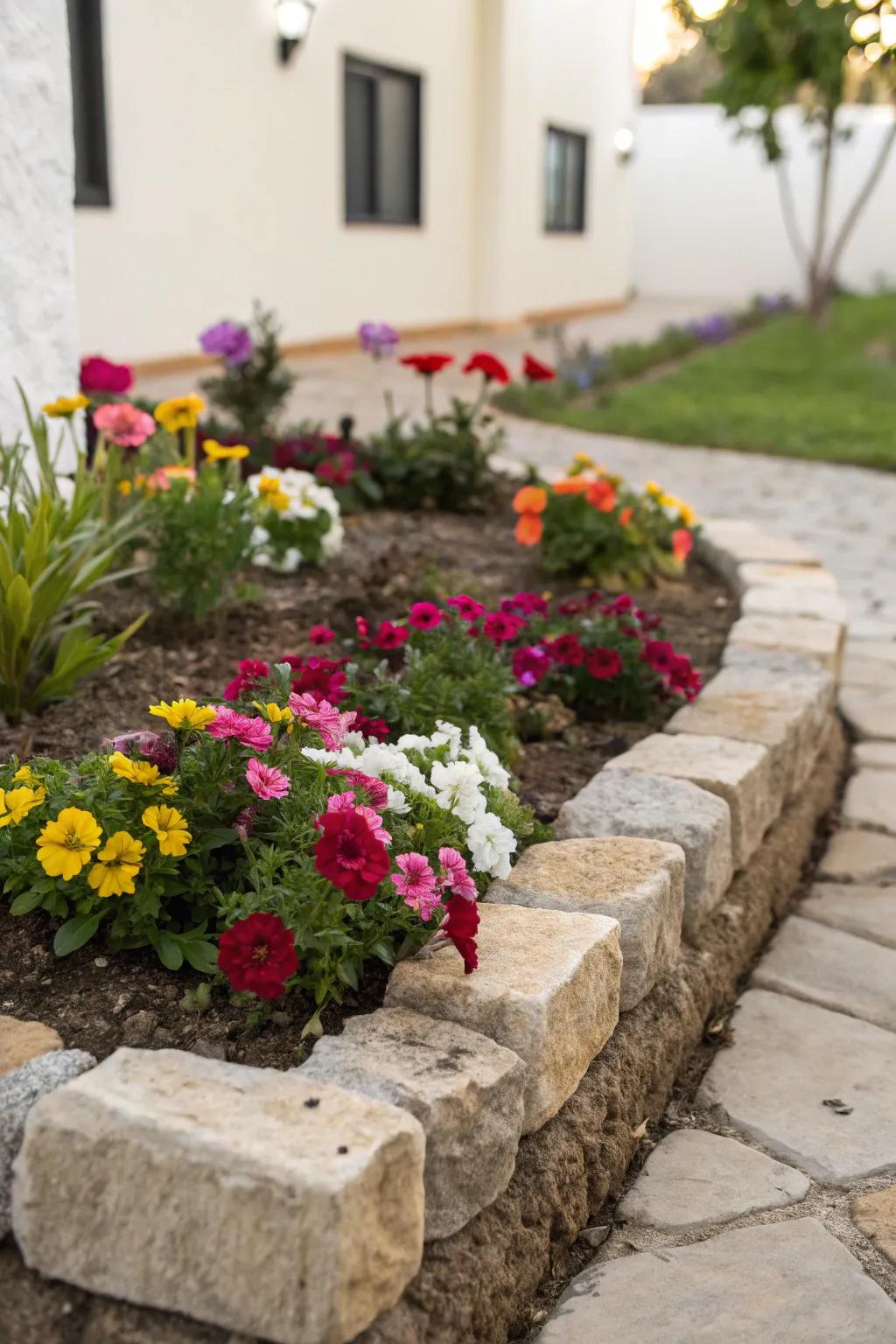 A meticulously maintained, petite flower bed distinguished by meticulously defined rock borders and polychromatic flora.