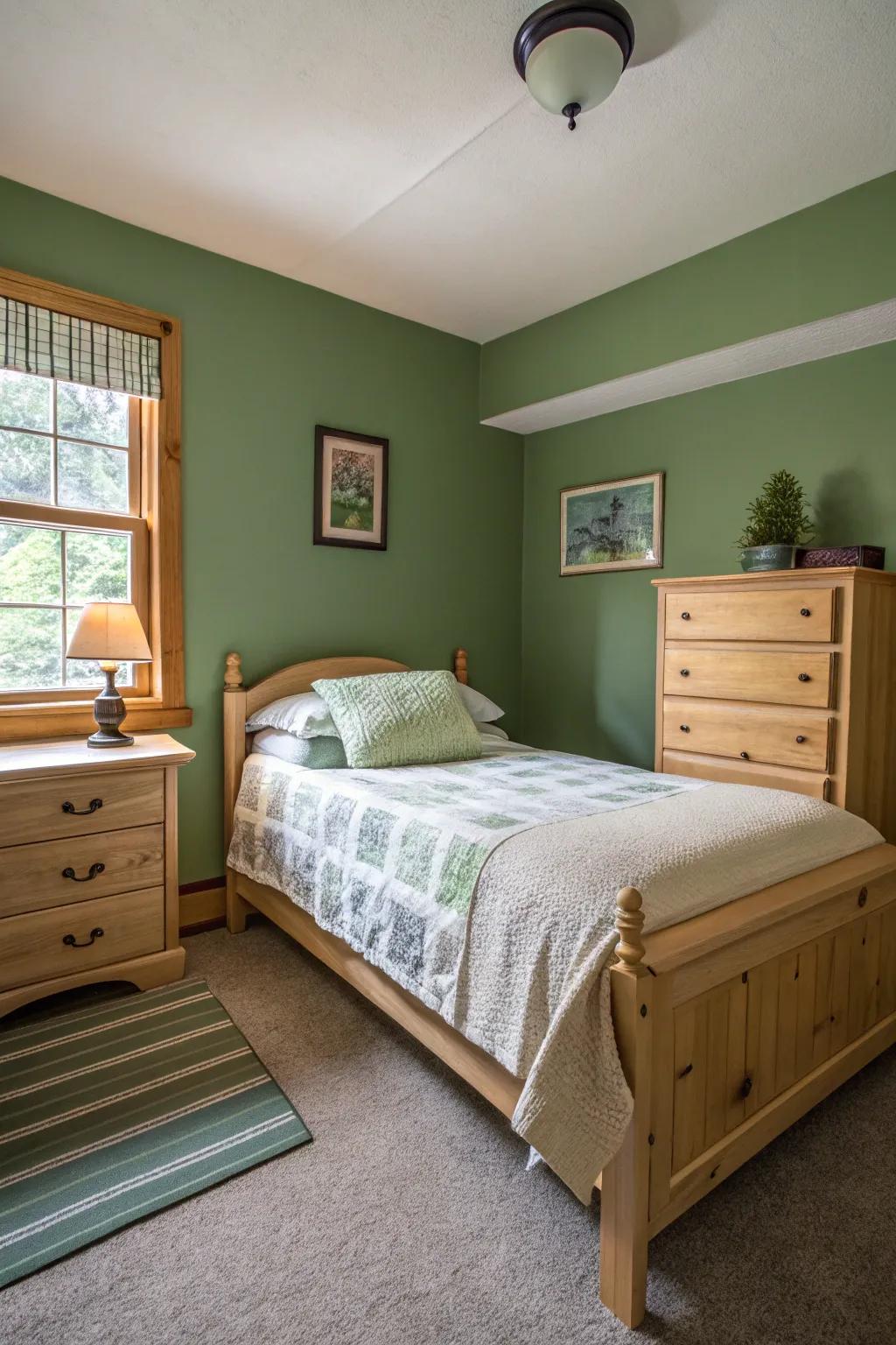 Pale wood furniture enriches warmth in a green bedroom.