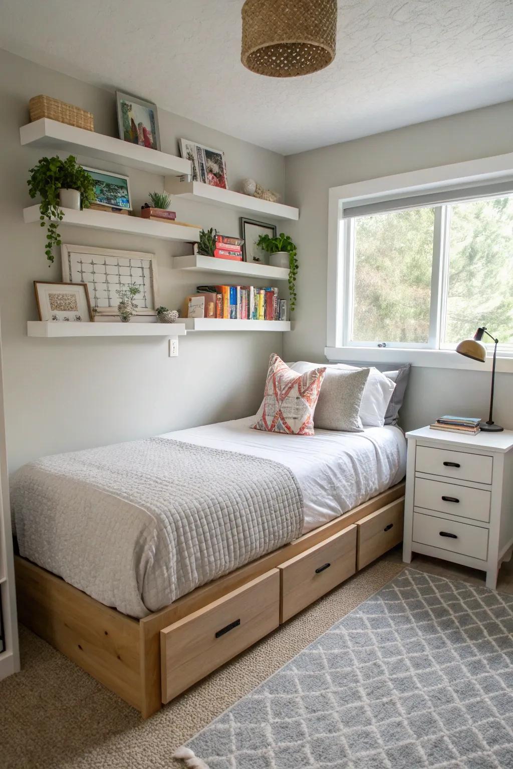 Smart storage keeps the room tidy and organized.