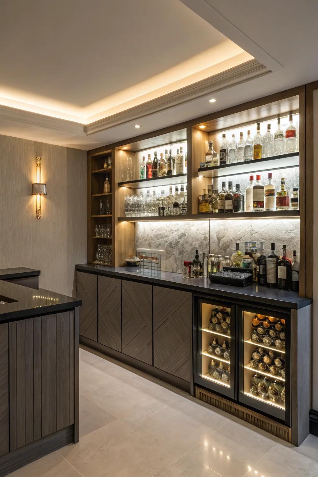 Accent lighting can strikingly enrich the mood of your home bar.