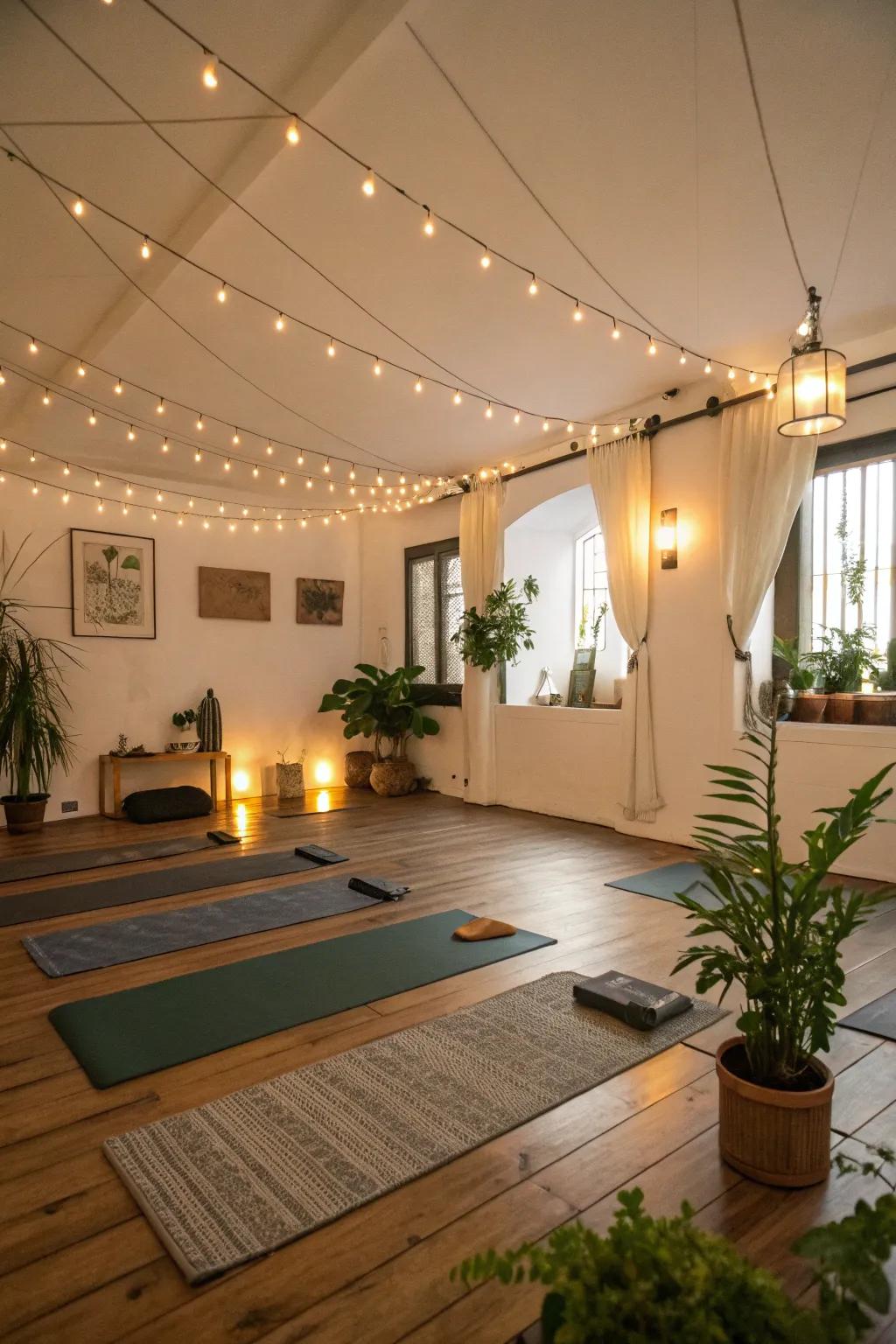 Yoga space with warm ambient lighting from lamps and string lights.
