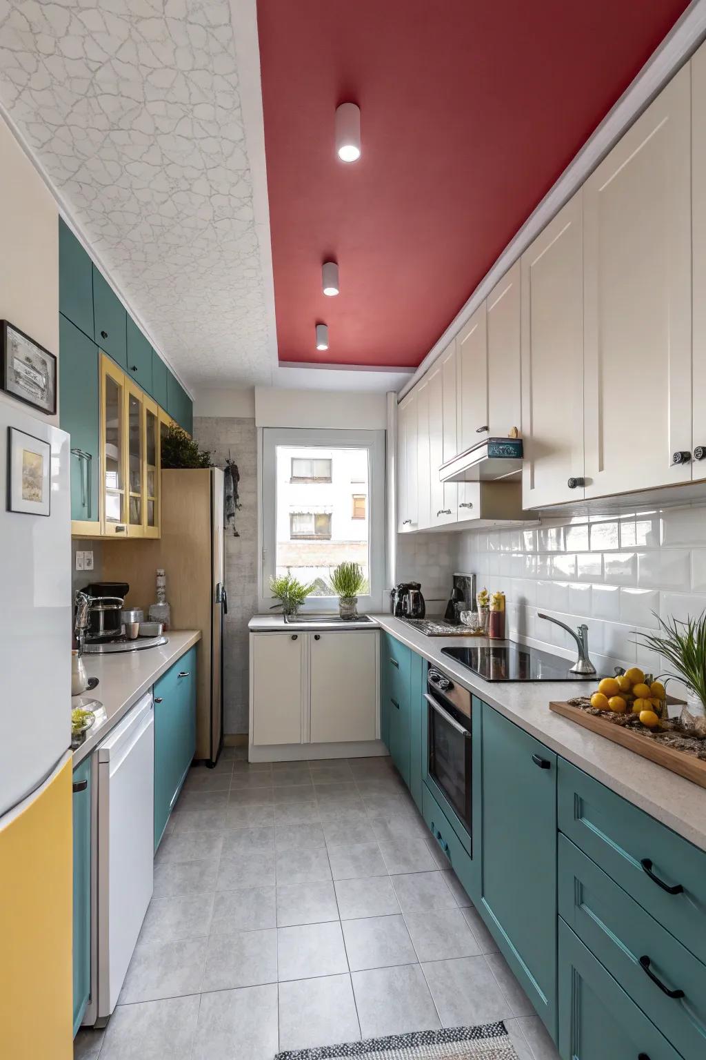 Contrasting hues in a kitchen generate visual interest and accentuate upper spaces.