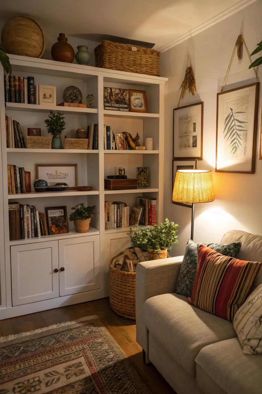 Uncovered shelving facilitates both storage and display capabilities.