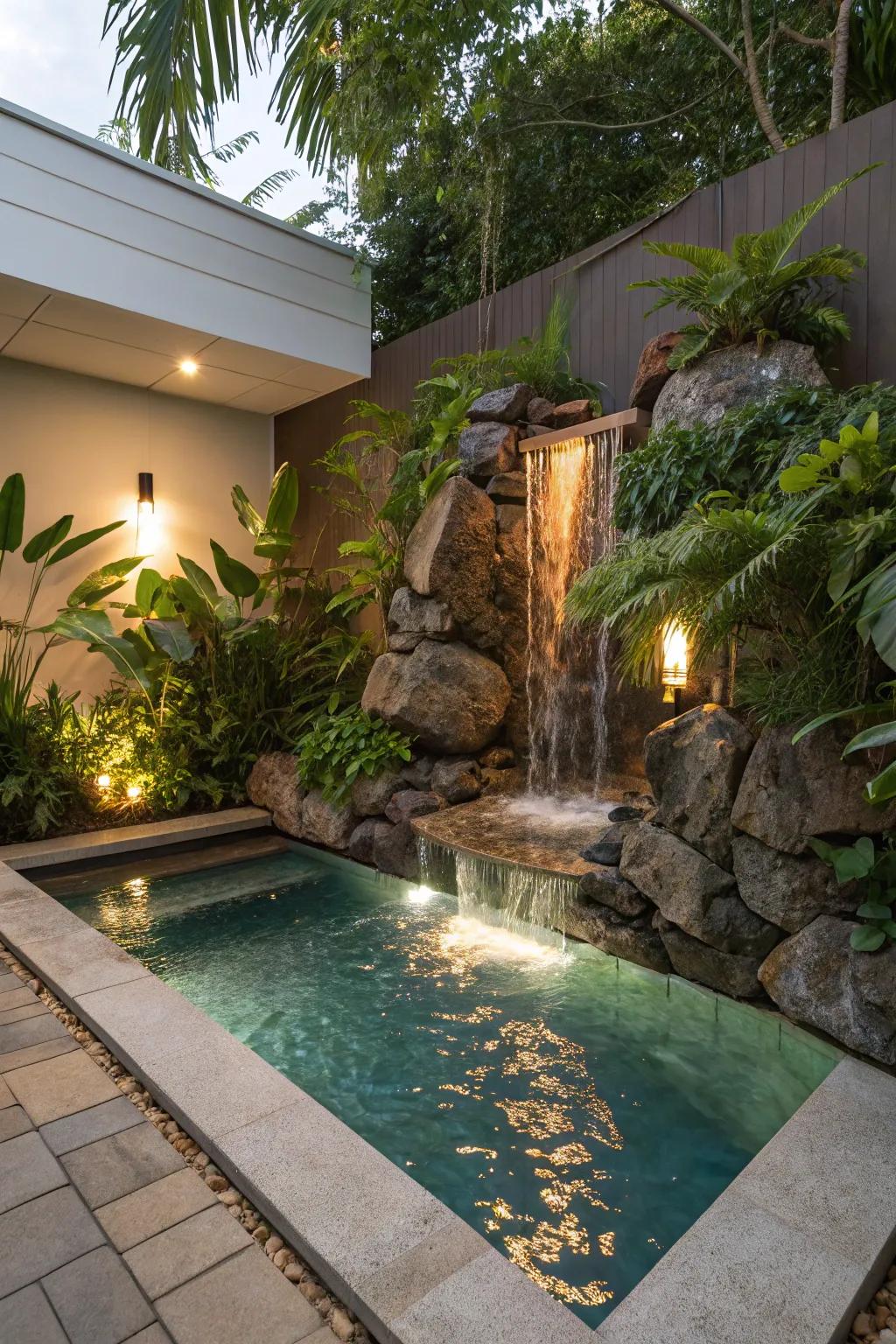 A rock cascade contributing tranquility to a modern pool.