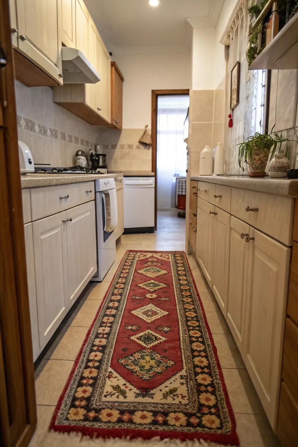 A lively runner contributes charm and individuality to this kitchen.