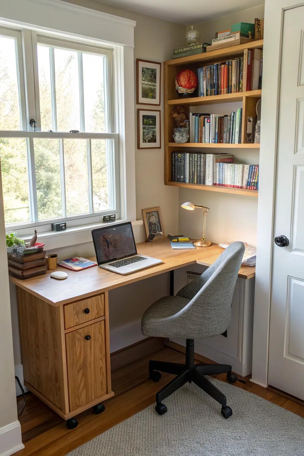 Corner desks efficiently use space, turning neglected areas into effective work areas.
