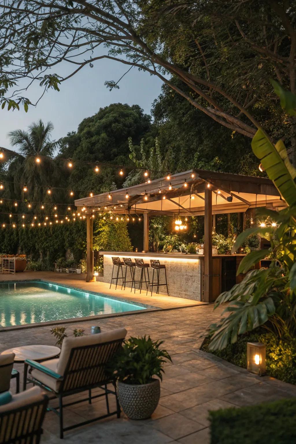 Atmospheric illumination transmutes your poolside bar into a captivating evening retreat.