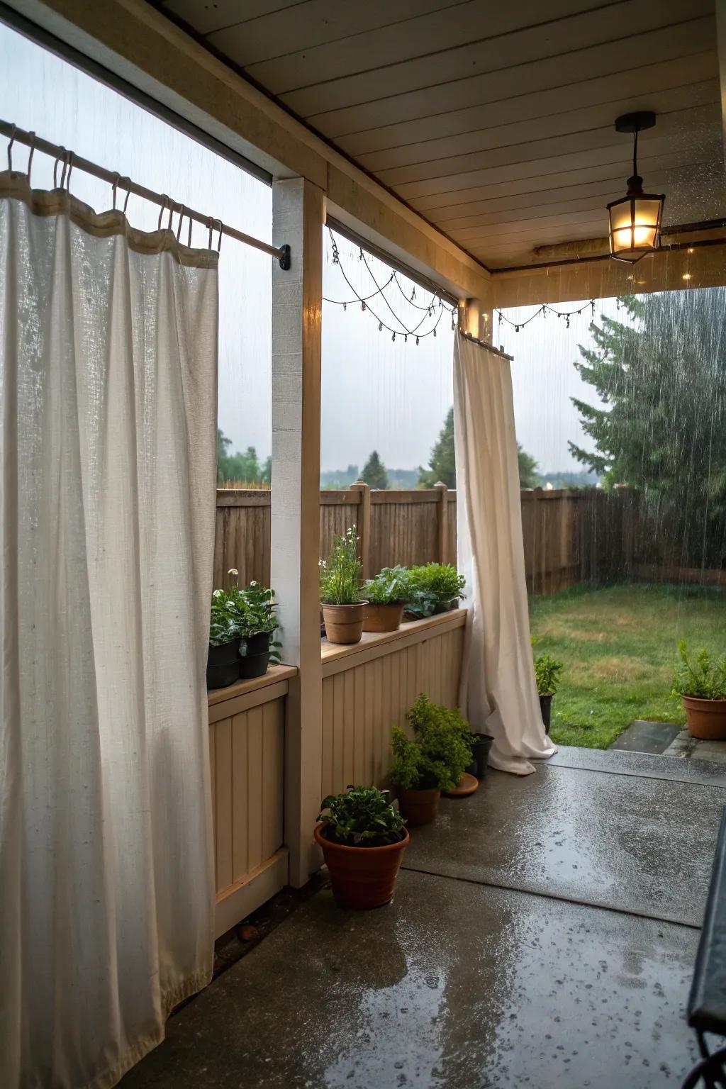 Weather-resistant draperies remain steadfast against the elements.