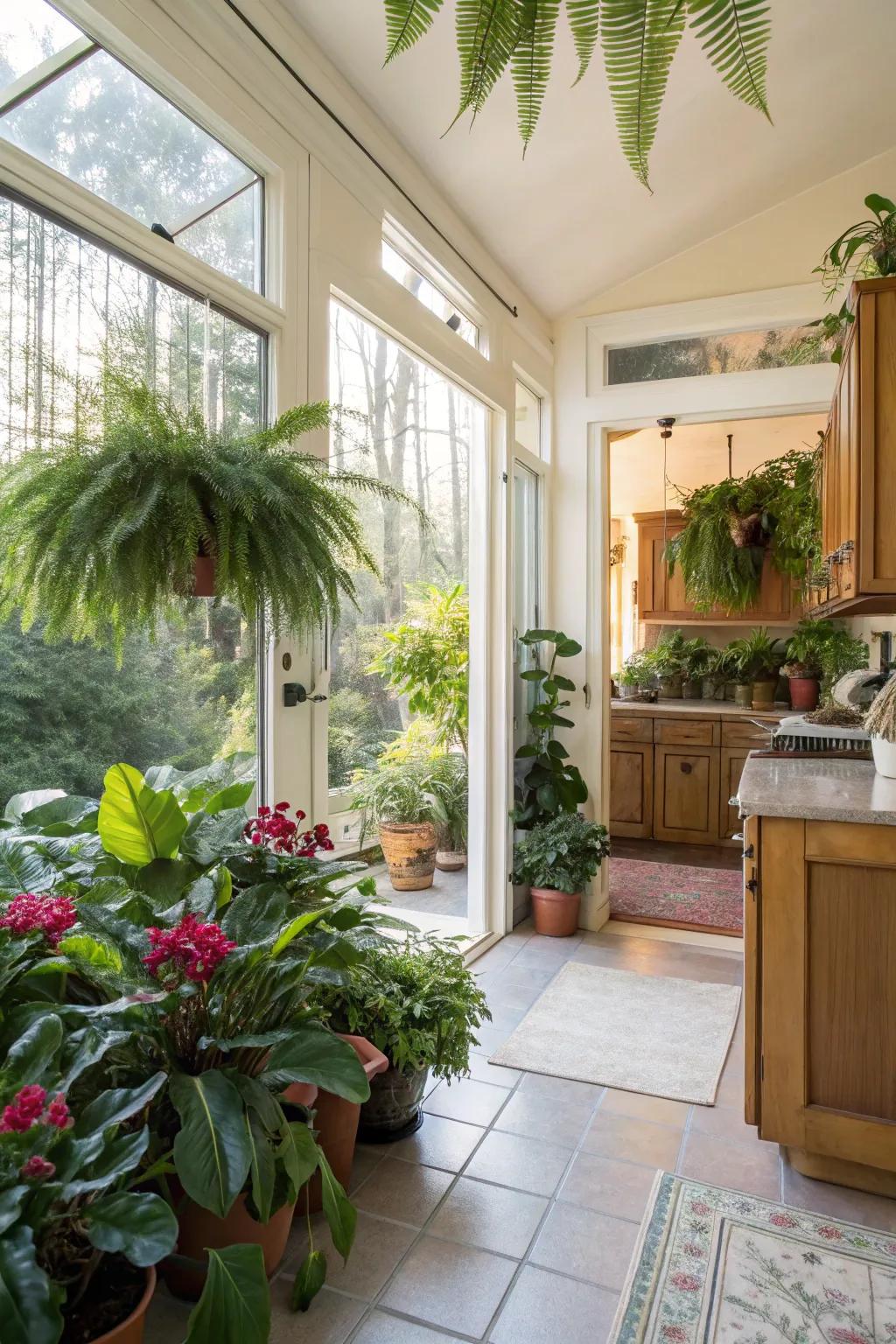 Indoor plants inject vitality and natural charm into the sunroom.