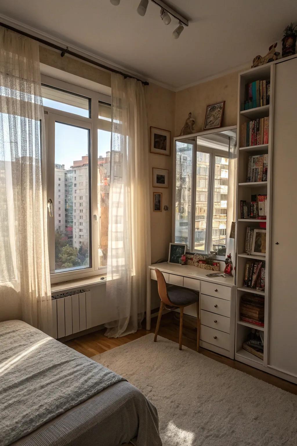 Solar illumination is amplified via reflectors and diaphanous curtains for a radiant ambiance.