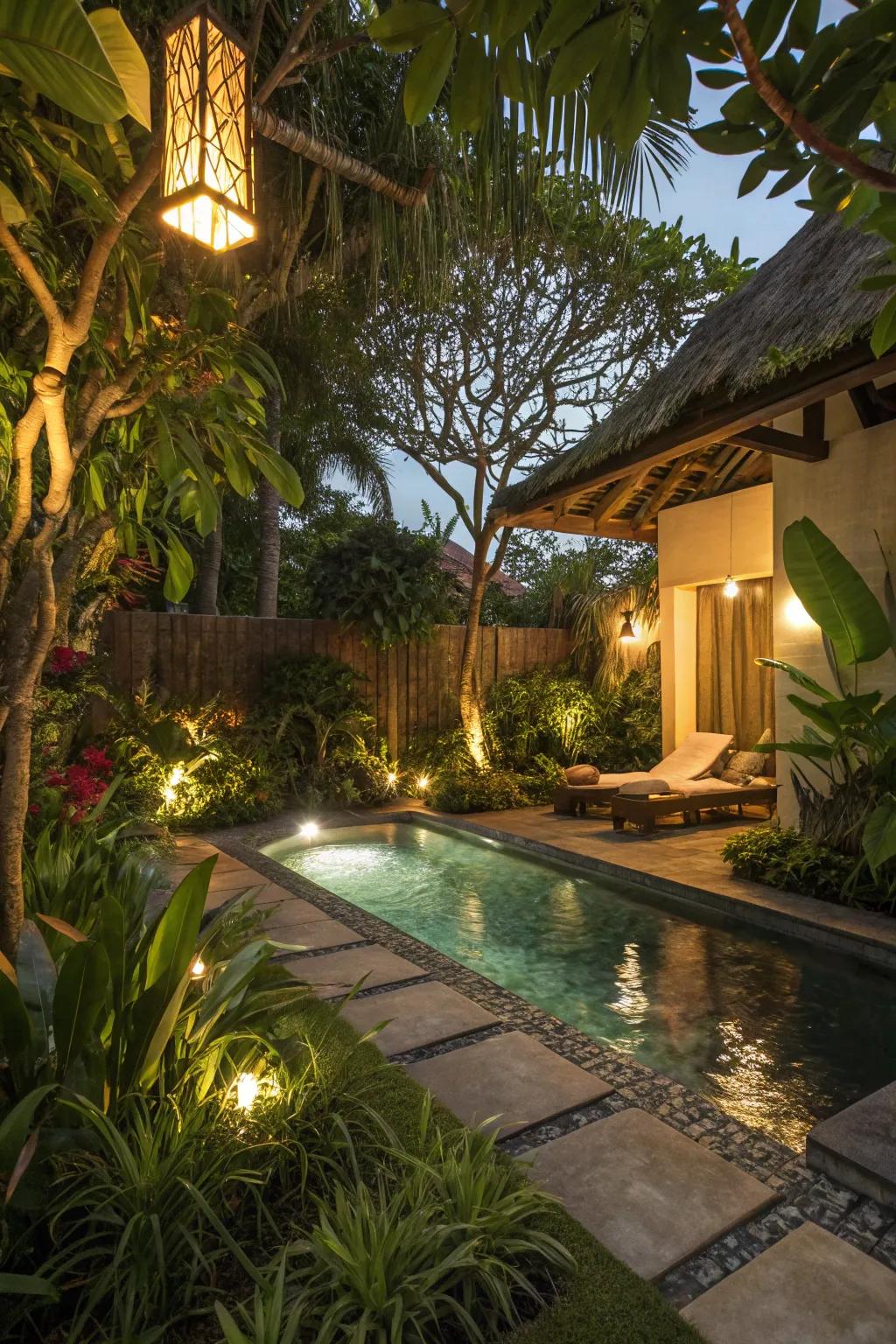Ambient illumination metamorphoses your pool precinct into an enchanting nocturnal haven.