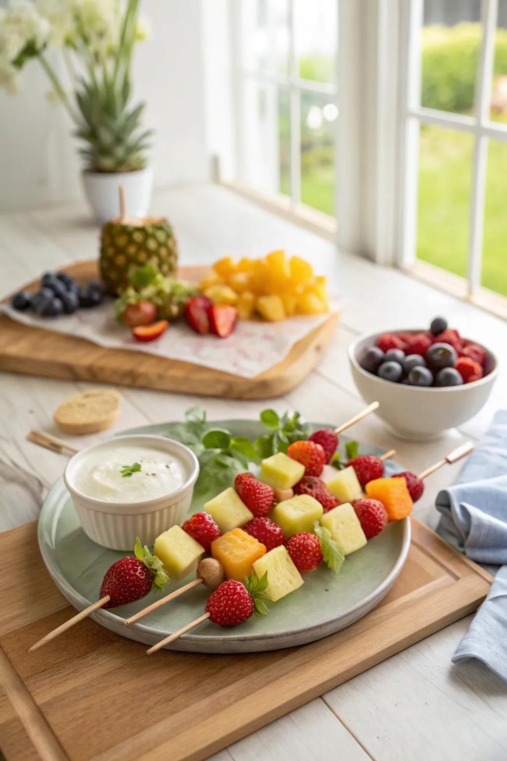Revitalizing fruit skewers matched with a creamy yogurt.