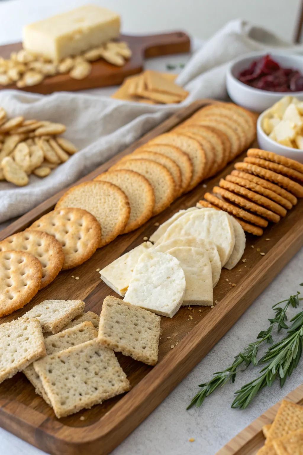 A spectrum of crackers and bread to complement every garnish.