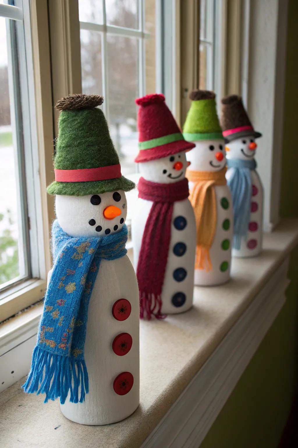 Recycled bottle snowmen exhibit creativity and sustainability.