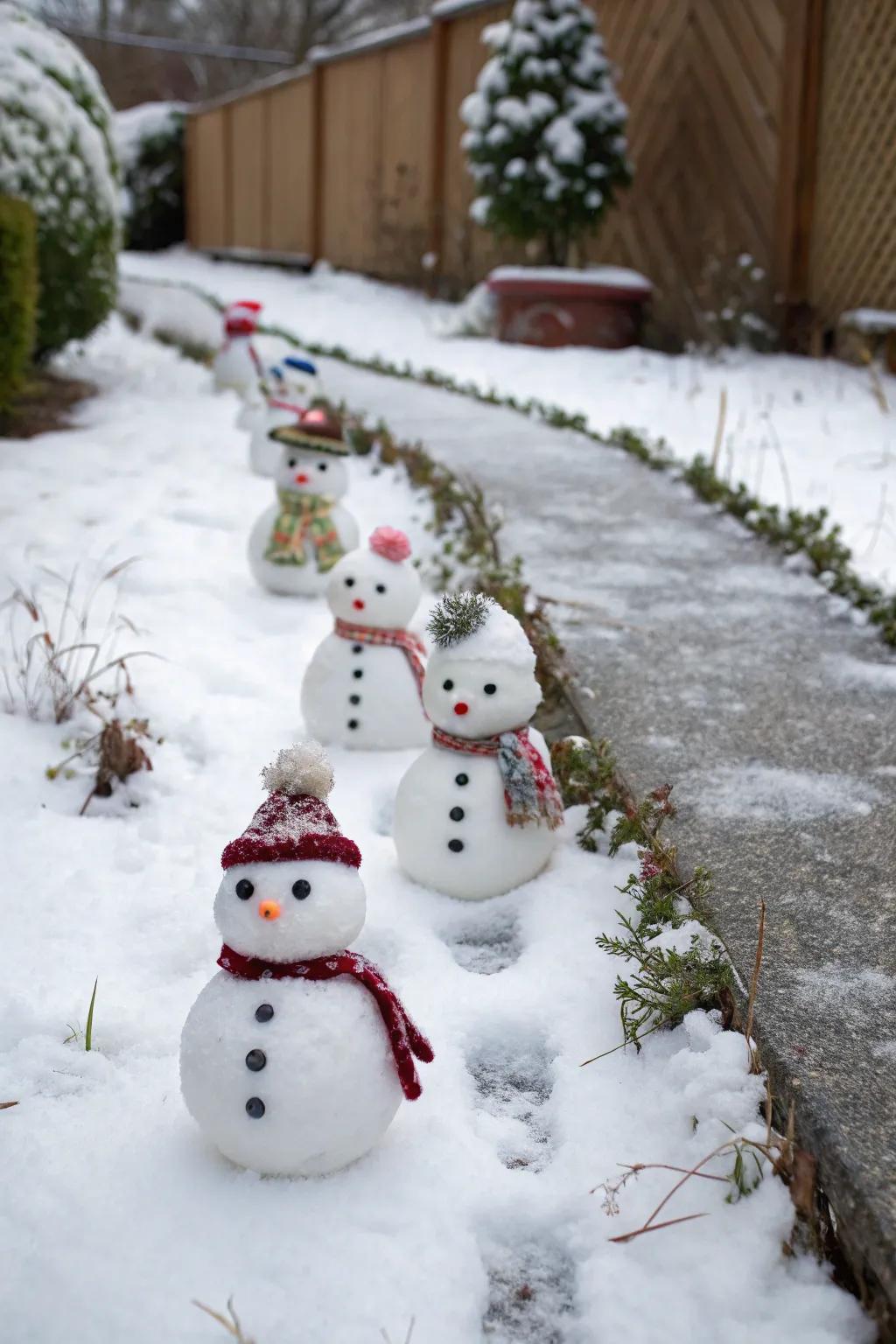 A series of precious diminutive snow figures edging a garden pathway.