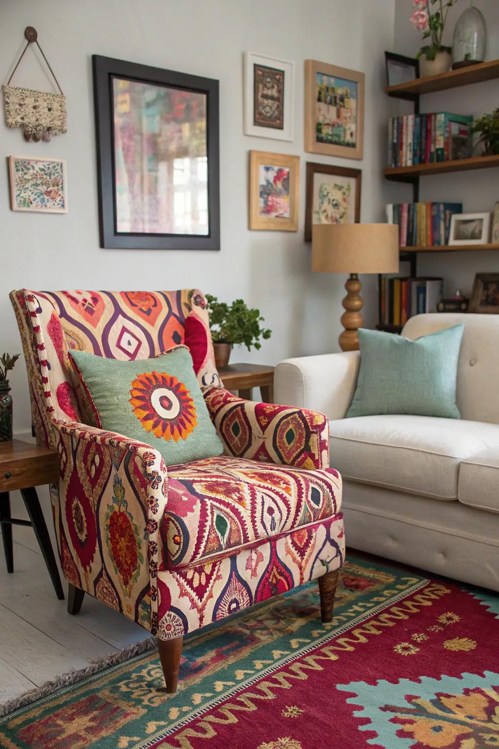 A bold pattern on the accent chair adds vibrancy and character.