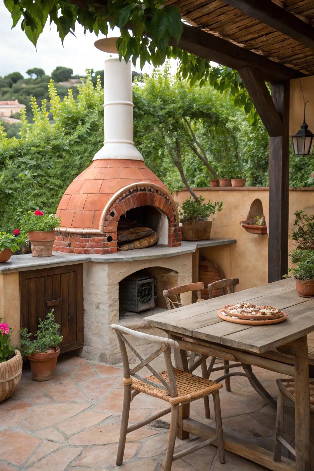 A traditional timber-burning oven infuses authentic flavor and charm into this outdoor kitchen.