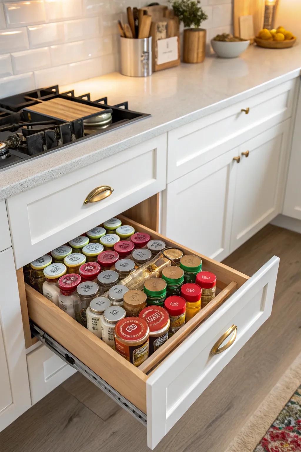 A neatly organized assembly of spices inside a pull-out drawer.