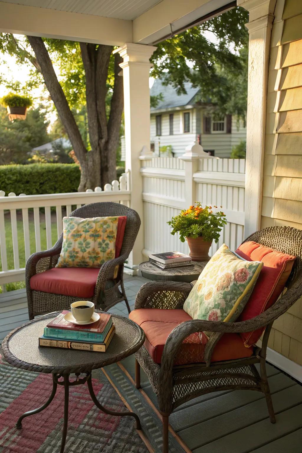 An intimate seating alcove is ideally suited for relishing the vernal climatic conditions on your veranda.