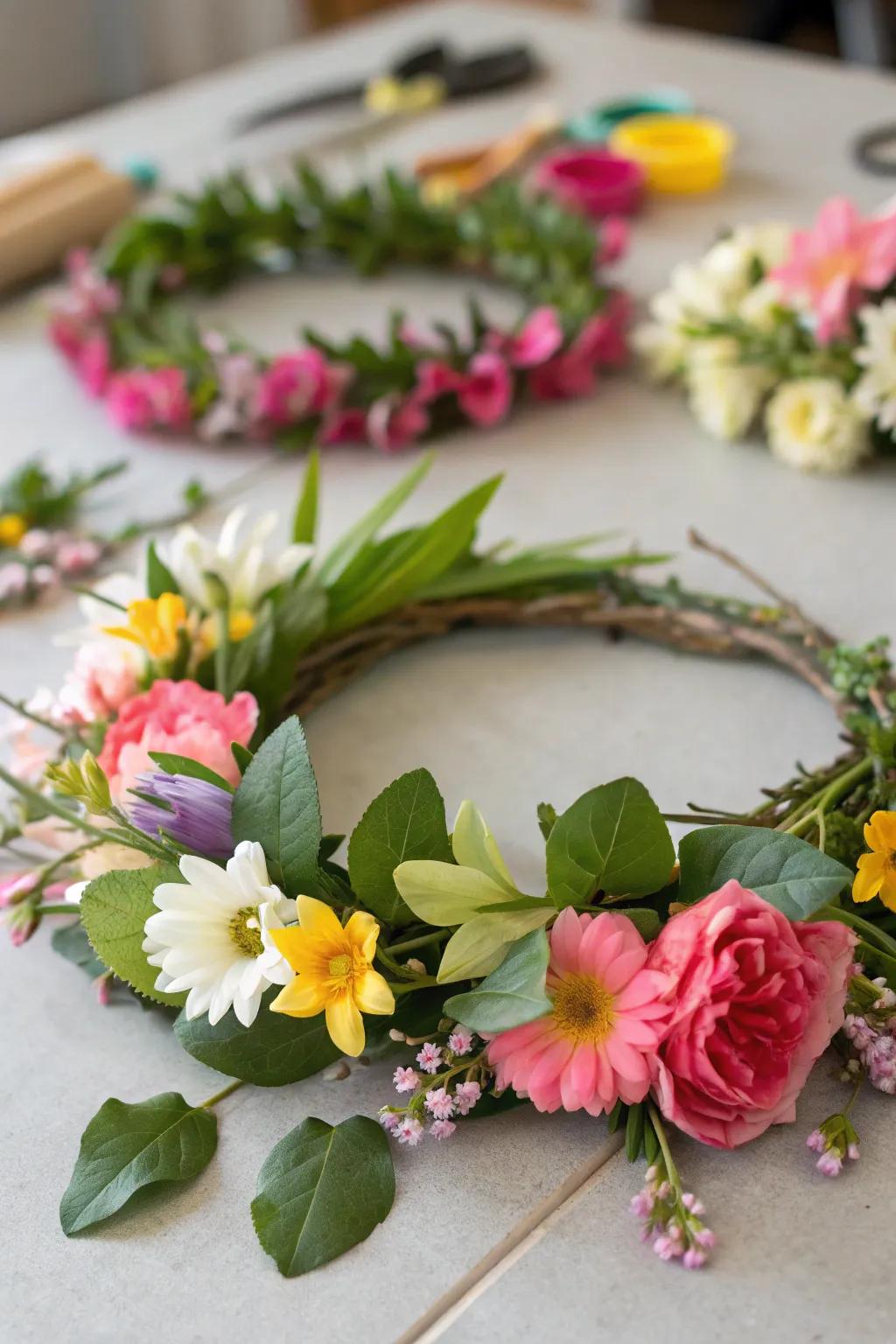 Handcrafted bloom coronets introduce a fanciful element to any spring get-together.