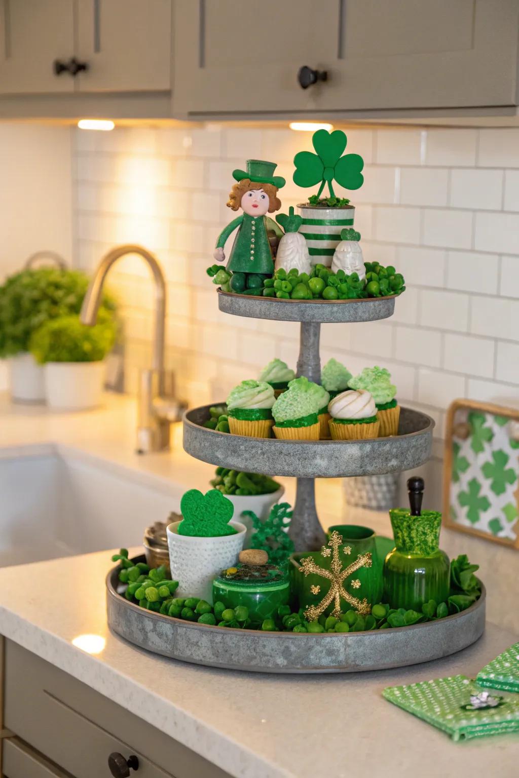 A tiered stand brimming with festive St. Patrick's Day adornments.