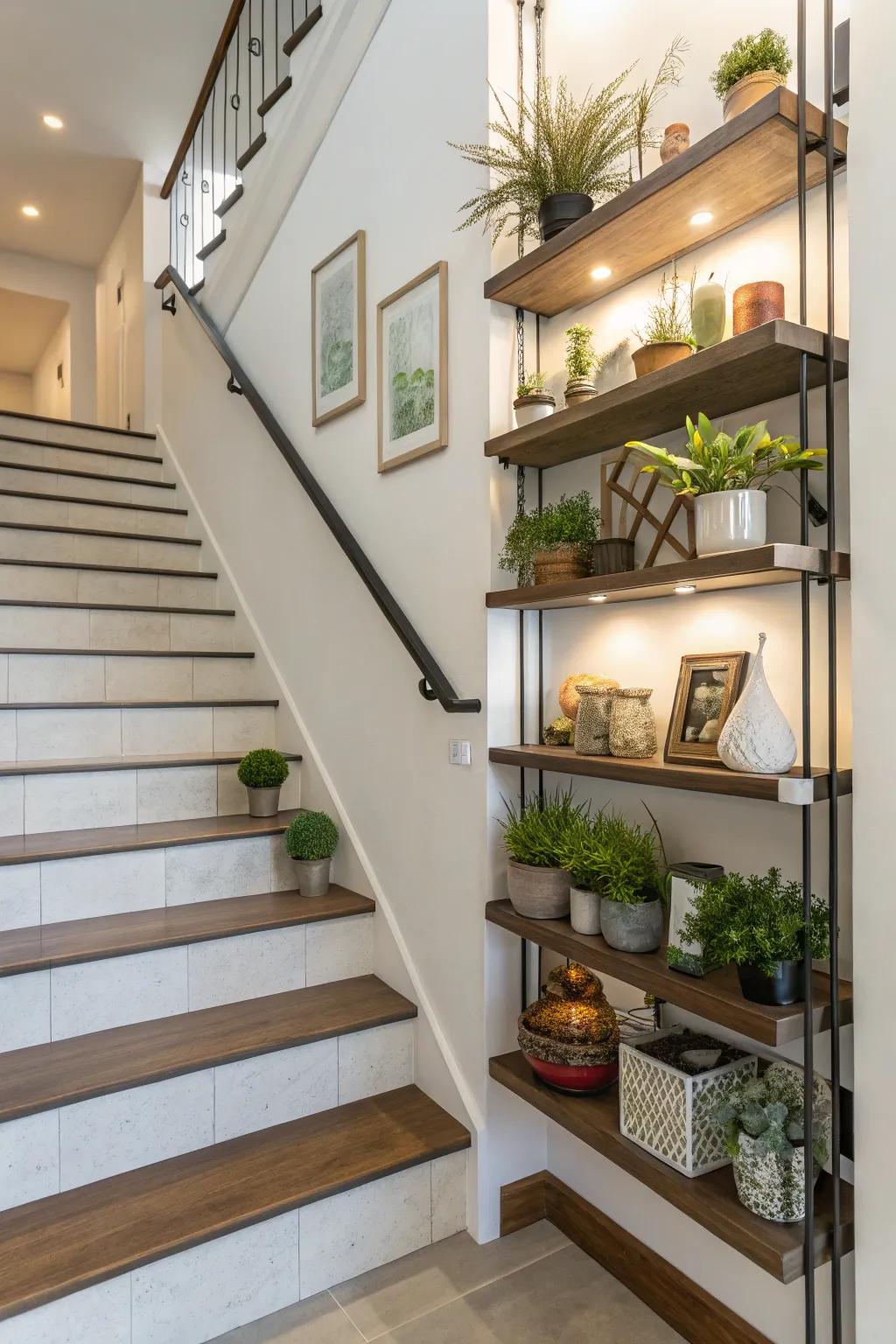 Ascending shelves furnish an elegant method for displaying adornments on your stairway.