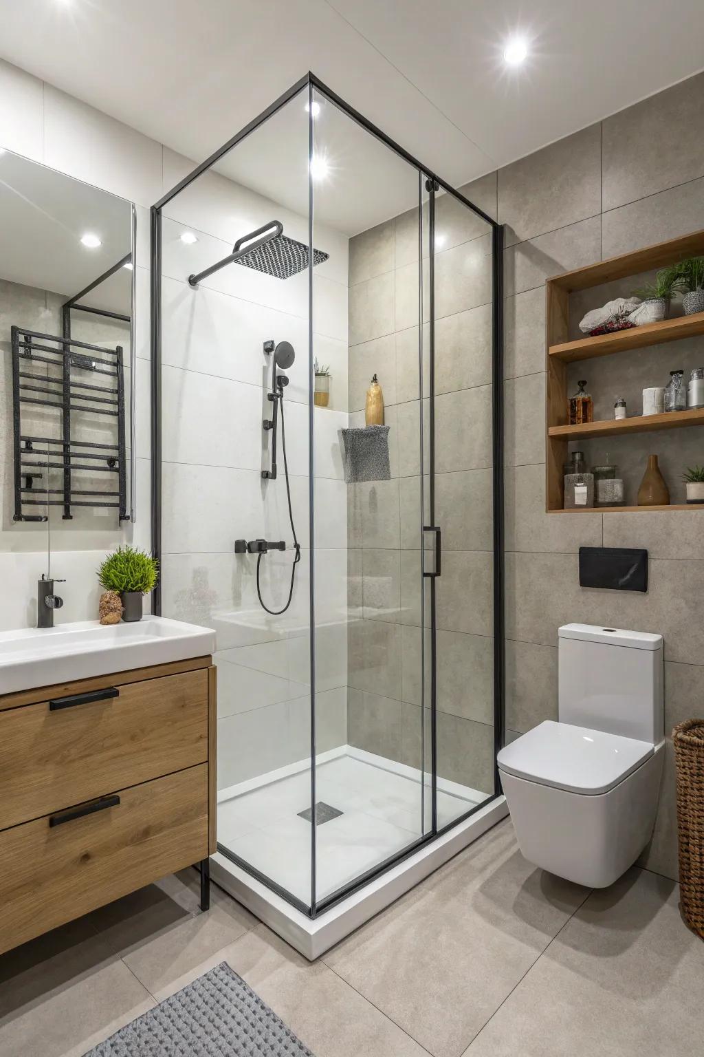 Modern fixtures add a streamlined touch to a standup shower.