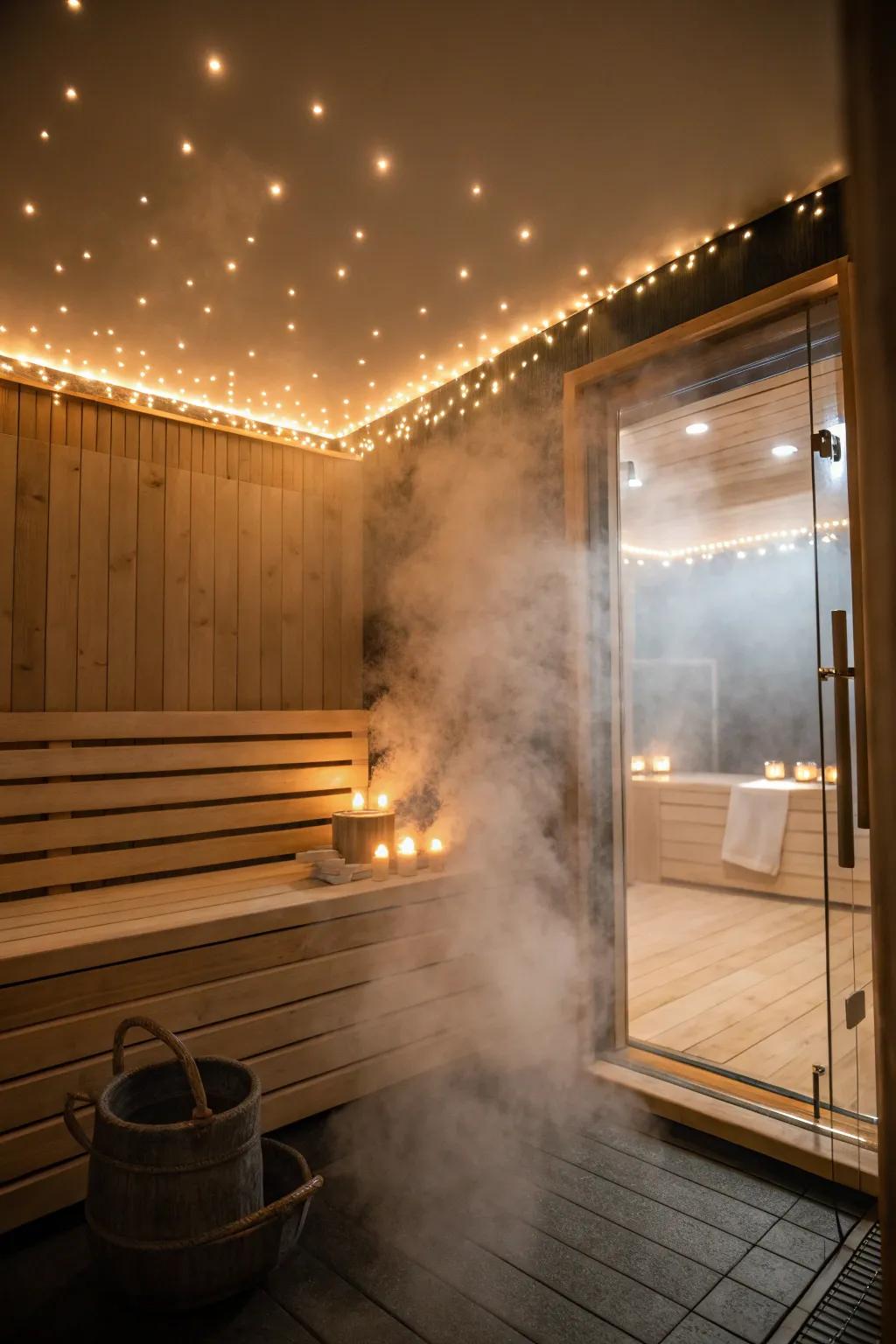 Ambient lighting accentuates the tranquil qualities inherent to steam bathing.